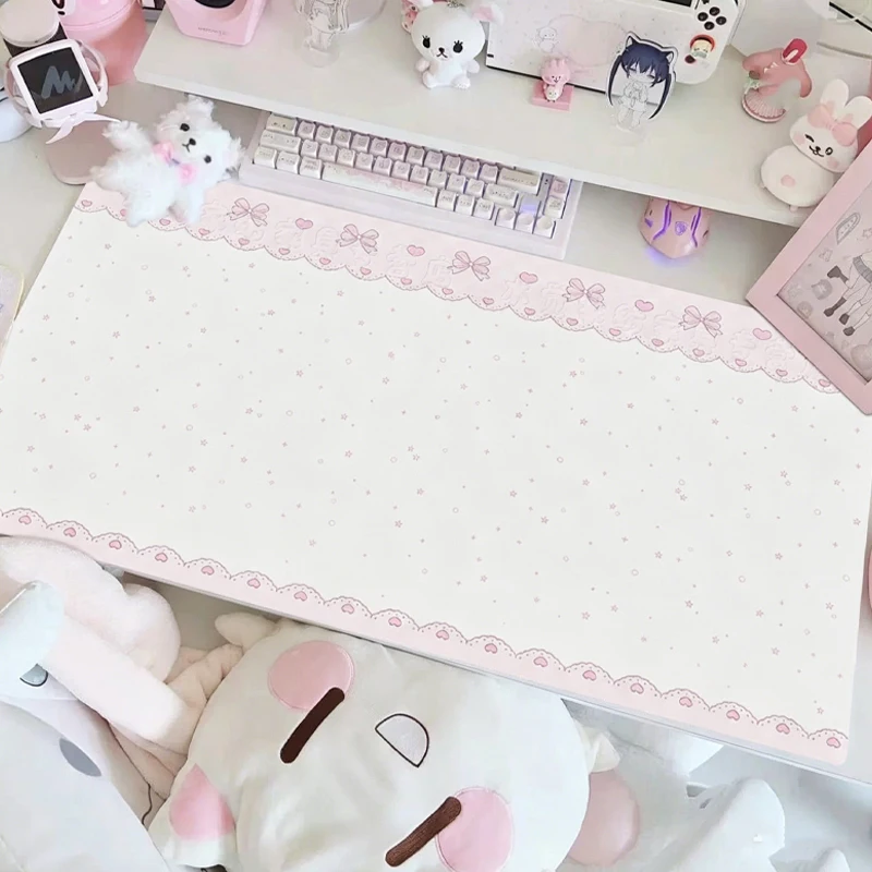PU Leather Mouse Pad Sweet Pink Girl Strawberry Lace Star Bow Mouse Pad Office Desk Mat Waterproof Non-Slip PU Desk Blotter Pad