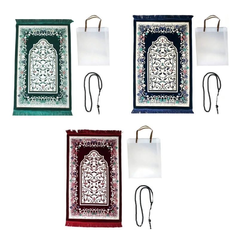 Florals Prayer Rug with Beads and Carrying Bag Set, Foldable Prayer Mat Portable 3XUF