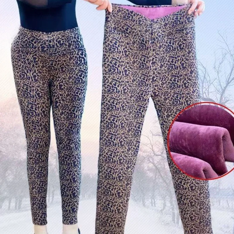 Plus size Odzież damska Casual All-Match Spodnie ołówkowe Leopard Fleece Legginsy Retro Office Lady\'s Basic Trousers Nowa odzież wierzchnia