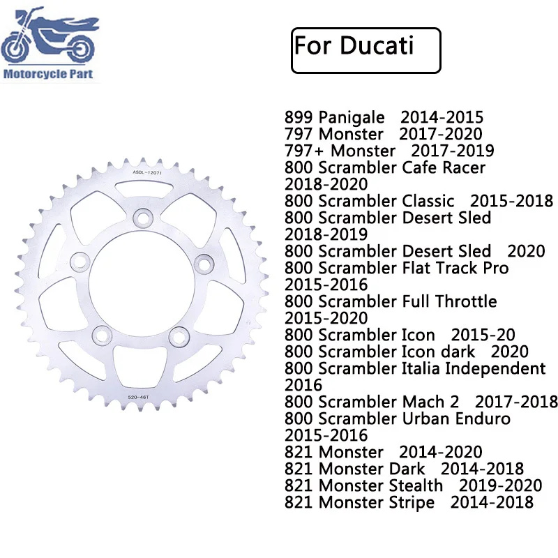 

520-46T 520 46 Tooth 46T Drive Rear Sprocket Gear for Ducati 899 Panigale 797 821 Monster 797+ Monster 800 Scrambler Cafe Racer