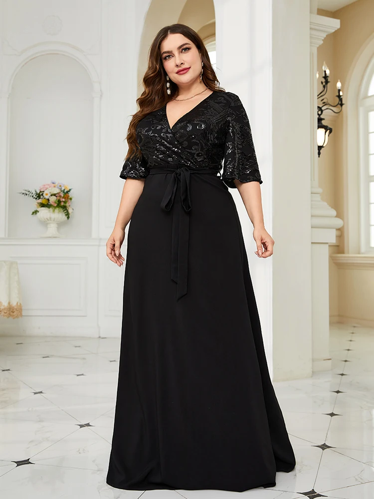 XUIBOL-vestido de noche de lujo con lentejuelas para mujer, maxivestido Formal de manga corta para baile de graduación, fiesta de boda, vestido de cóctel negro de gasa, talla grande, 2023