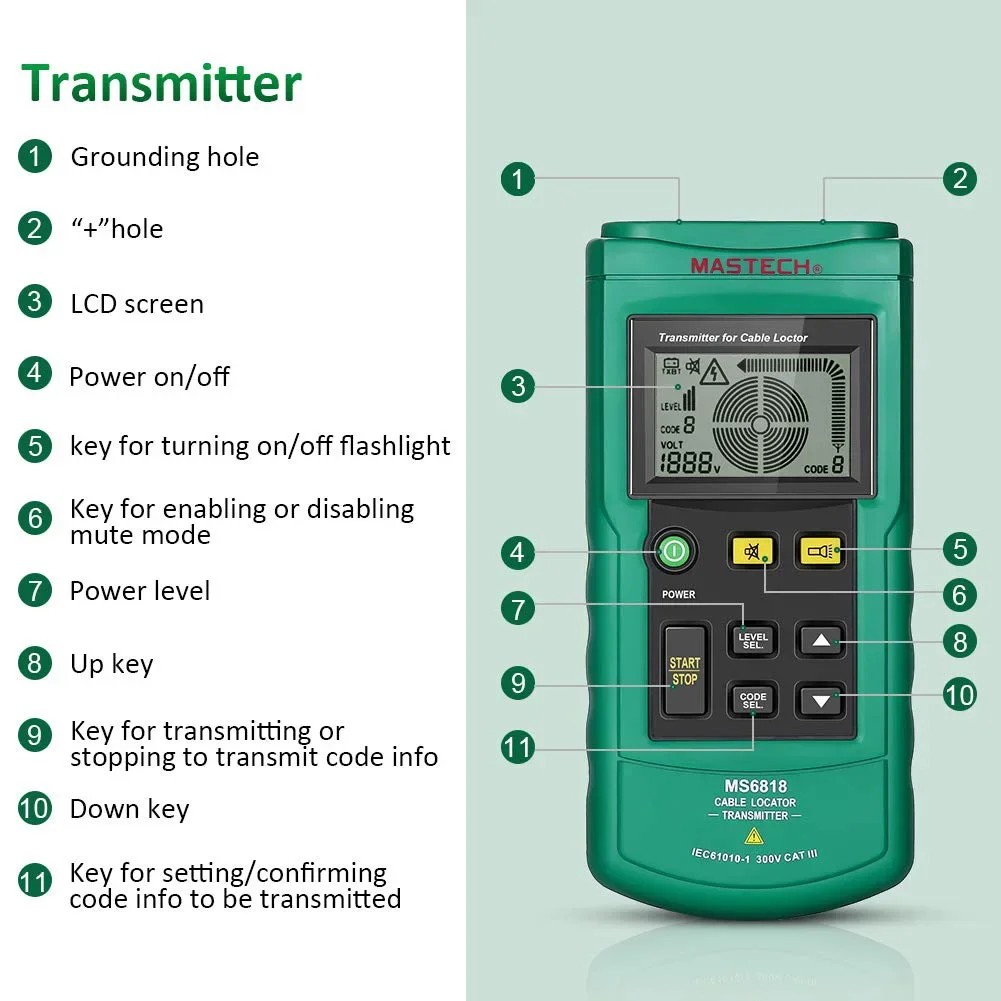 Mastech MS6818 Portable Professional Wire Cable Tracker Metal Pipe Locator Detector Tester Line Tracker Voltage12~400V