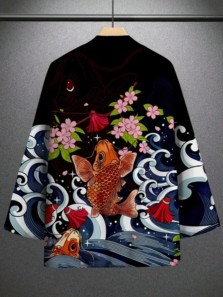 Japanese Summer Traditional Men's Short-sleeved Cardigan Lotus Koi Printed Men's Kimono Japanese Casual Beach Beach Cardigan