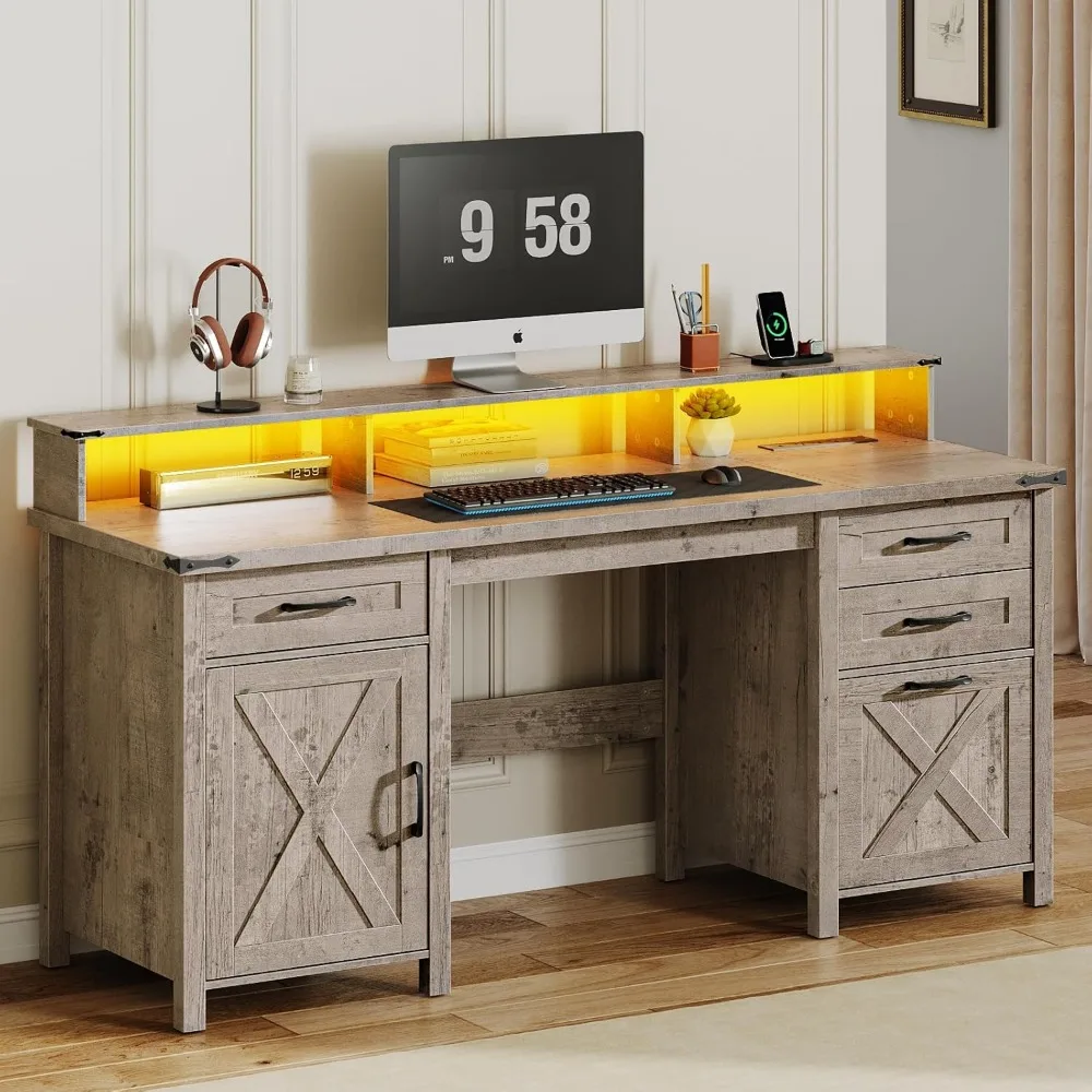 

Farmhouse Office Desk with Drawers, 63 Long Computer Desks with File Drawers, Storage Cabinet, Home Office Gaming Desk wi