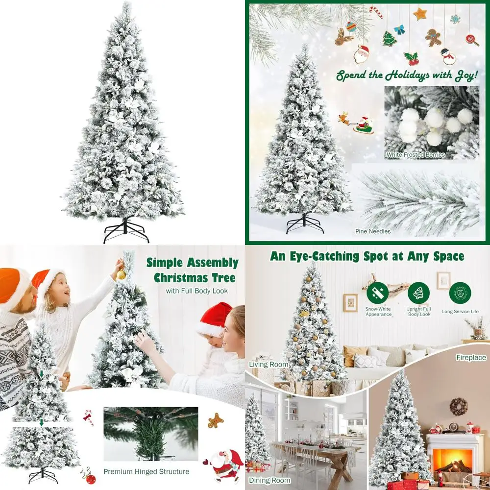 

7 Feet Tall Snow-Covered Artificial Christmas Tree with Hinged Design, Folding Metal Base, Decorated with White Berries and Poin