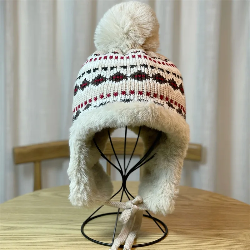 MZ4110 Thick Warm Winter Hats for Women Fleece Lined Windproof Ski Russian Earflap Cap Ladies Knit Russian Hat Female Bomber Hat