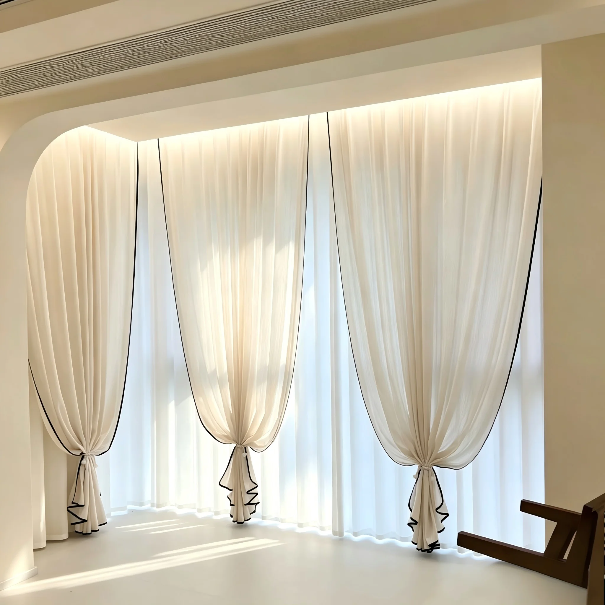 200035   French Fufeng chiffon, antique style, living room, black border, linen chiffon, creamy style, balcony, double-layer chi