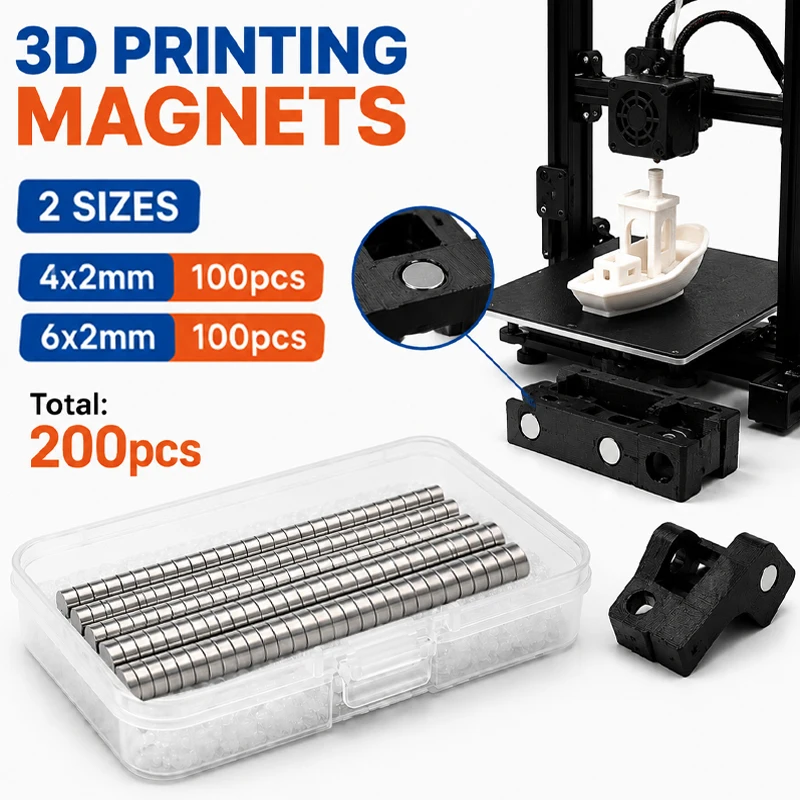 Kit de ímãs para impressão 3D com 200 peças/caixa para Bambu Lab, ímã de neodímio potente para artesanato DIY, modelo criativo, peças impressas em 3D.