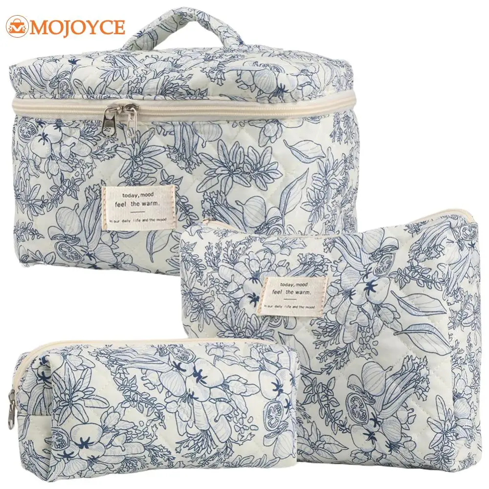 3Pcs Quilted Cotton Ladies Travel Storage Bag Retro Floral Cosmetic Bags Cute Design Girls Pencil Case Makeup Pouch Toiletry Bag