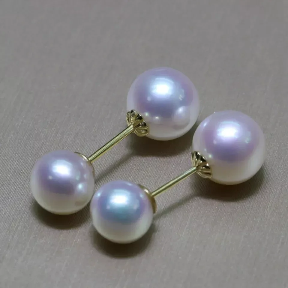 Beautiful Pearl Earrings AAA++9-10mm Natural Japanese Akoya White Round Pearl Earrings 18k/AU750 Gold