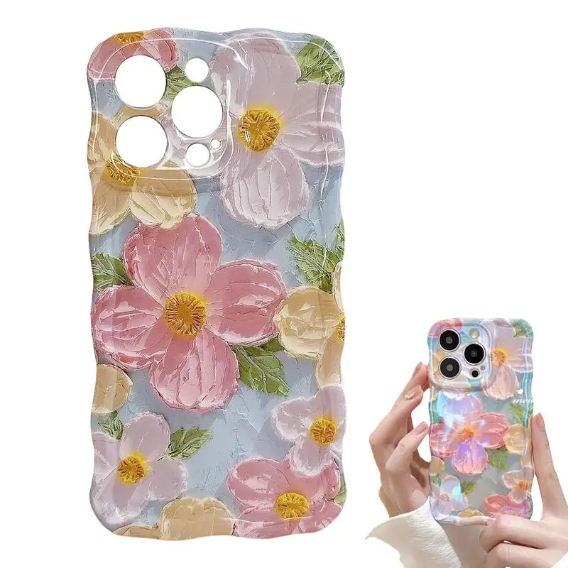 TPU Colorful Retro Oil Painting Flower Protective Phone Case Cute Curly Wave Frame Full Covered for iPhone 15/15 PRO/15 PRO MAX