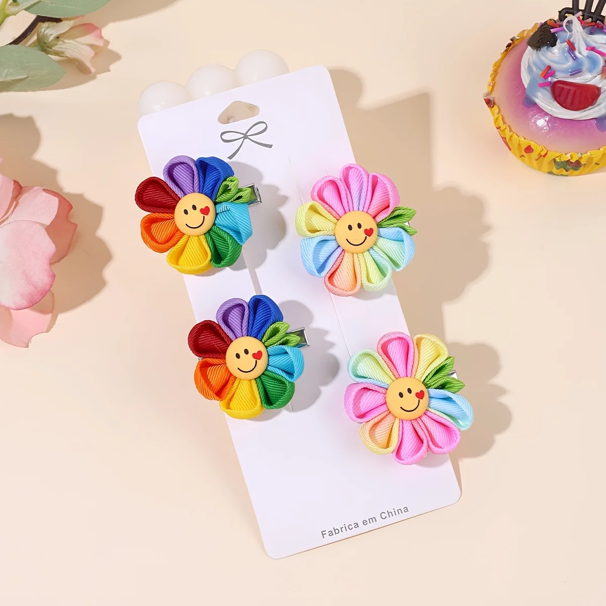 2pcs Vibrant Sunflower Hair Clips with Smiling Faces - Multicolor Grosgrain Ribbon Petal Design, Bow Barrettes for Teens