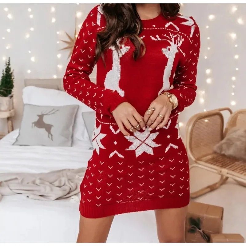 

Women's Casual Christmas Jacquard Long Sleeved Sweater Dress Temperament New Winter Woman Elegant High Waist Knitted Dresses