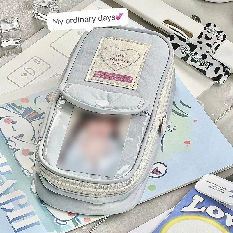 Cute Japanese Ins Small Fresh Simple Pencil Case Art Retro Large Capacity Girl Pen Bag with Clear Card Pocket Heart Shape Zipper