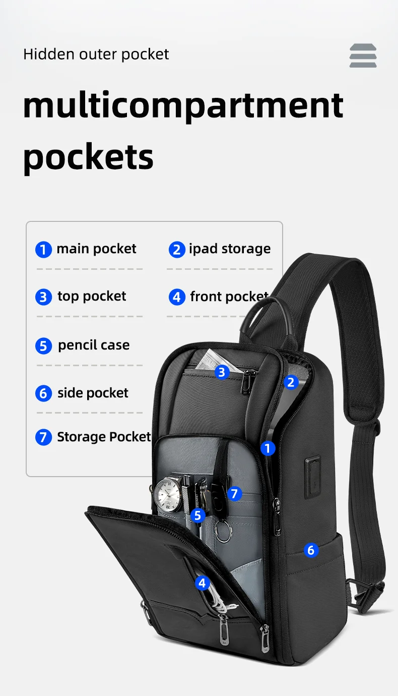 Heroic Knight Modische Umhängetasche für Herren, multifunktionale Fahrrad-Umhängetasche, wasserdicht, USB-Reise-Umhängetasche, lässige Brusttasche – Detail 6