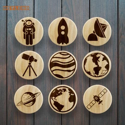 Children Engraved Planets Space Pattern Wooden Draw Knob Boho Nursery Drawer Pull Nature Wood Drawer Kids Furniture Handles