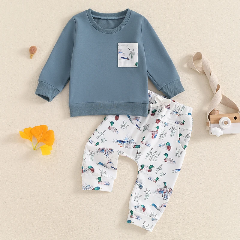 Toddler Boys Outfits Round Neck Long Sleeve Sweatshirts and Wild Duck Print Long Pants 2Pcs Clothes Set