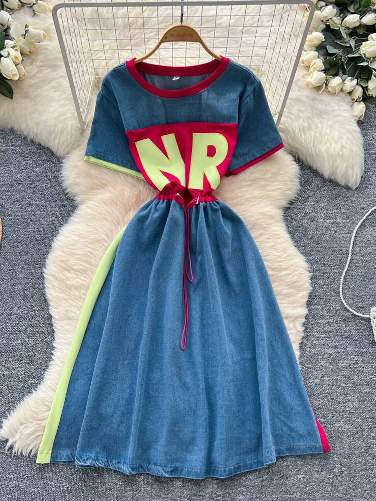 الرجعية الراقية الشعور اللون Blo جولة Ne ort Sve إلكتروني طباعة الدنيم الدكتور المرأة الخصر Cinching تنورة غير رسمية #3