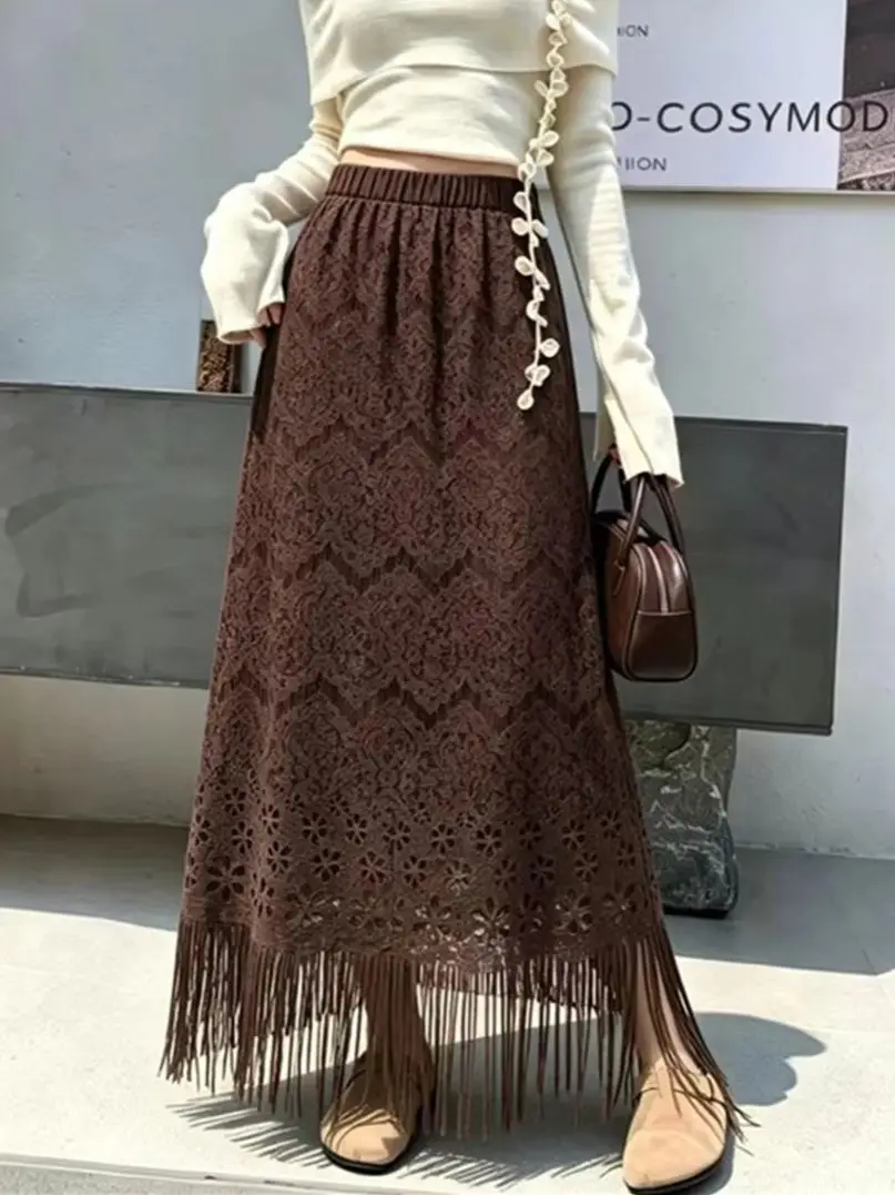 New Arrival Retro Lace-Trimmed Velvet-Patchwork Midi Skirt For Women Fall Winter Elegant High-Waist Straight-Cut Fringe Skirt