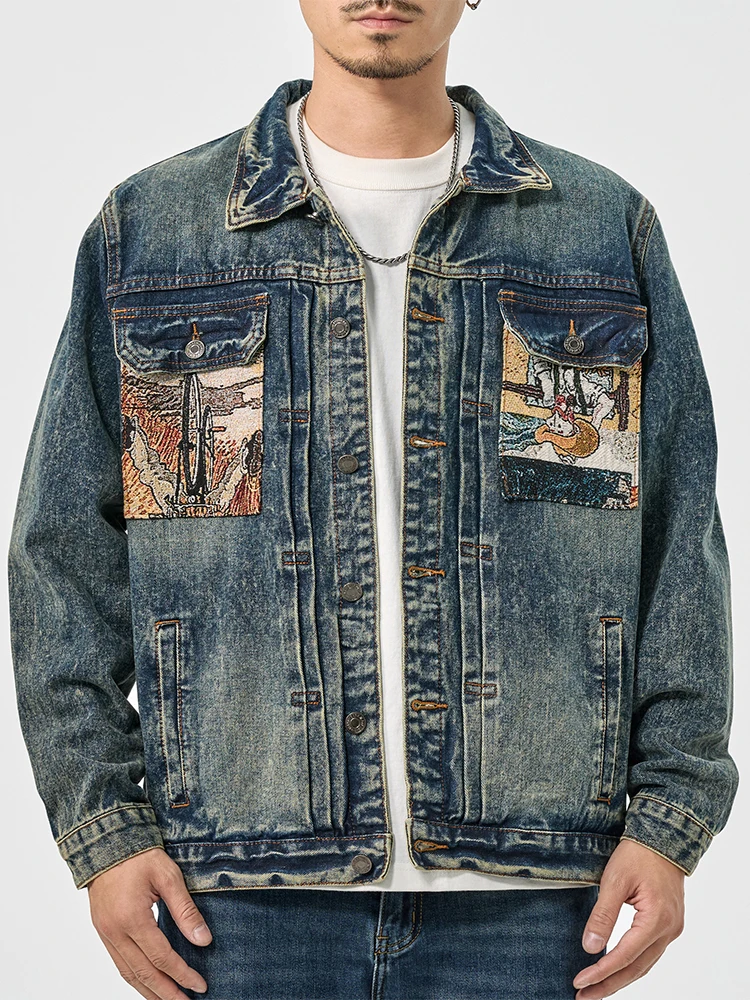 

High Street American casual denim jacket men's tide brand personality printing retro loose jacket tops