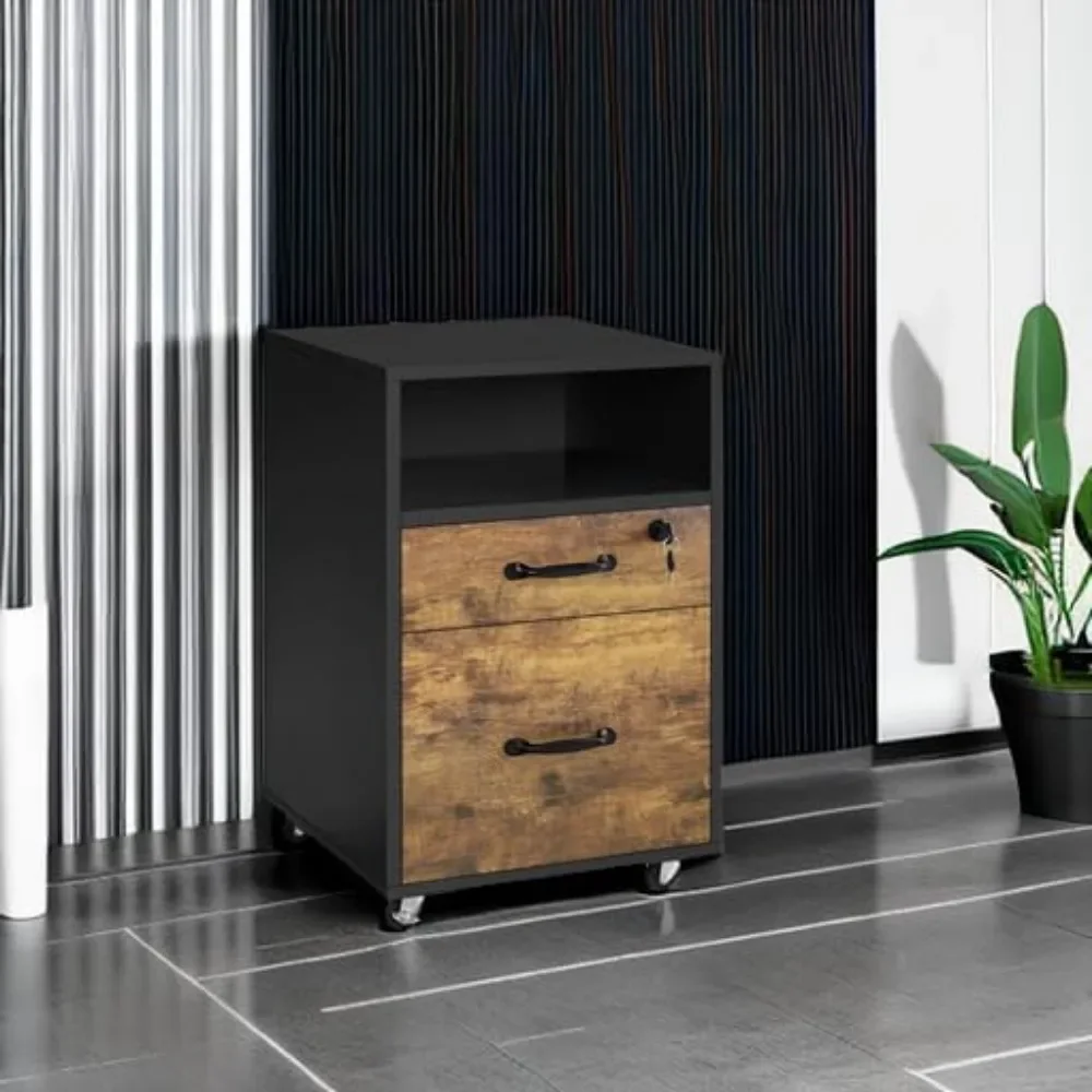 

File Cabinet, Under Desk Vertical Cabinet With 2 Drawers and Open Compartment, Printer Stand with Lockable Wheels