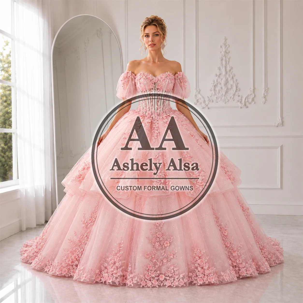 Charming Mexico Women Birthday Party Dress With Short Sleeve Flower Applique Tiered Puffy Skirt 15 16 Quinceanera Custom AA826