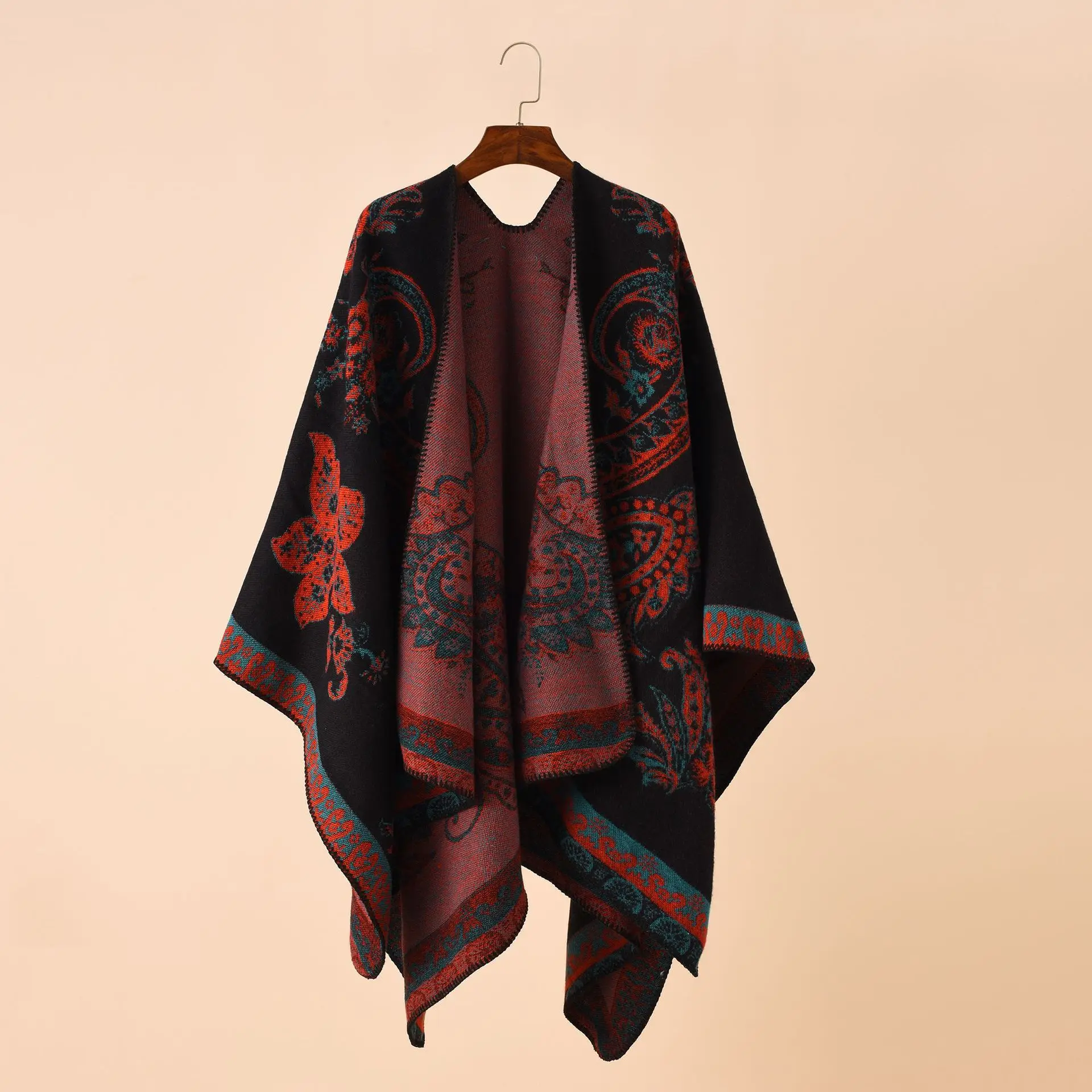 Autumn Winter New Street Geometric Lattice Flower Pattern Imitation Cashmere Warm Shawl Cloak Women Poncho Capes Red