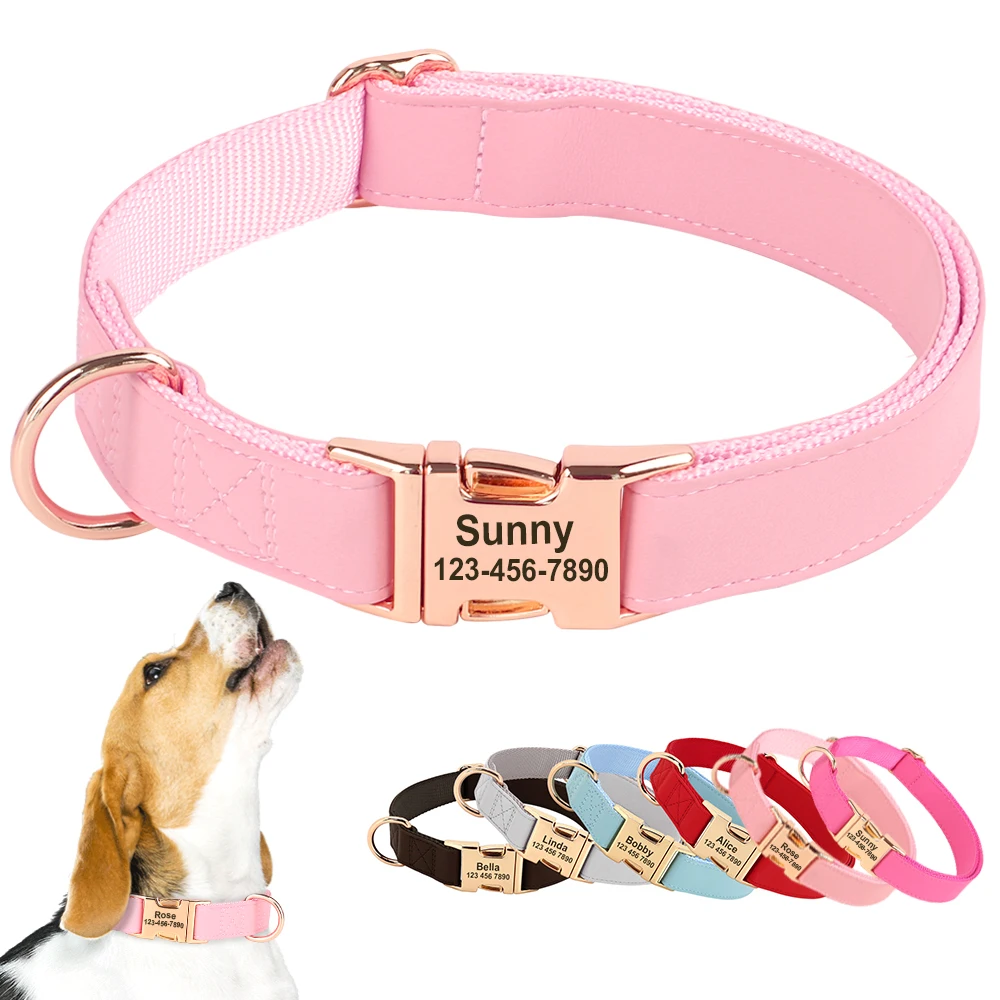 Personalized Leather Dog Collar Custom Pet ID Collars Adjustable Dog Necklace Durable For Small Medium Large Dogs Pug Bulldog