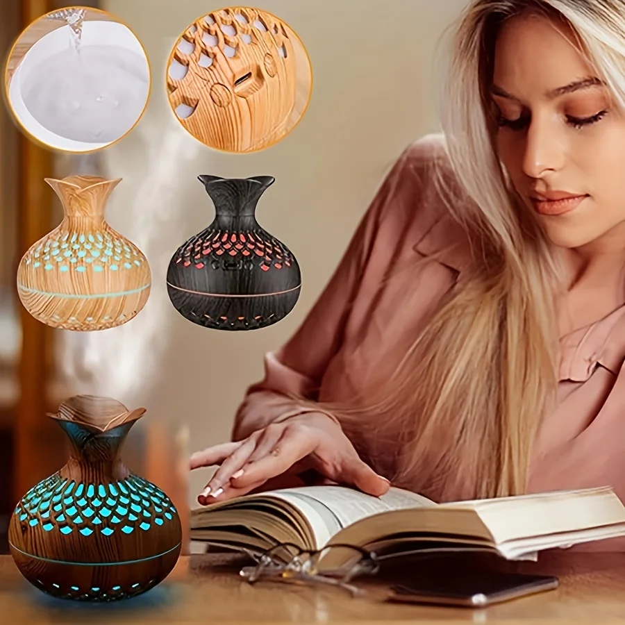 Umidificatore ad ultrasuoni per aromaterapia in legno per tutta la casa - Umidificatore a nebbia fredda da 300 ml, alimentato tramite USB con impostazioni regolabili per