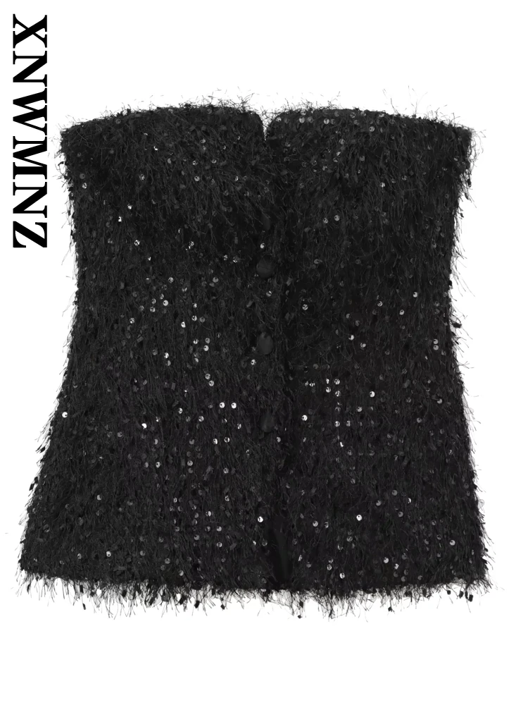 XNWMNZ 2024 Autumn Female Party Crop Top Gilet Top Sexy Woman's Black Shoulder Single-breasted Waistcoat Slim Sleeveless Vest