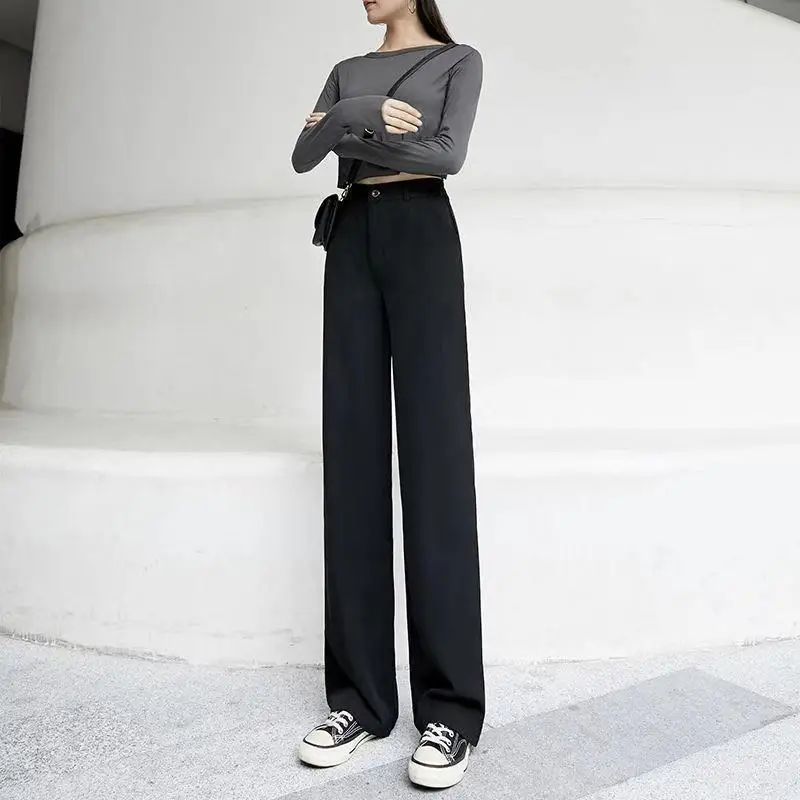 Trousers For Women Work Clothing Buttons Women's Pants Wide Leg Zipper Black Tailoring Office Vintage Casual With Elegant Classy