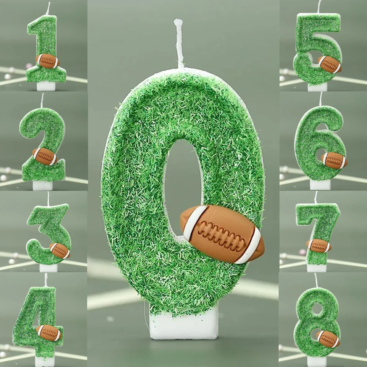 Green Rugby Style 0-9 Number Birthday Candles - Football Cake Topper for Party Anniversary Decorations