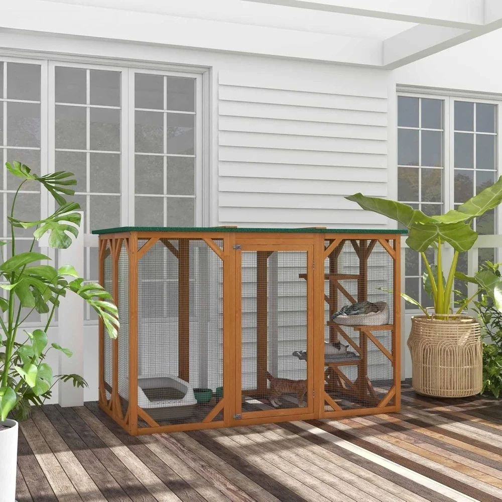 

Outdoor Cat House, Wooden Feral Cat Shelter, Cat Cage with Platforms, Large Enter Door, Weather Protection Asphalt