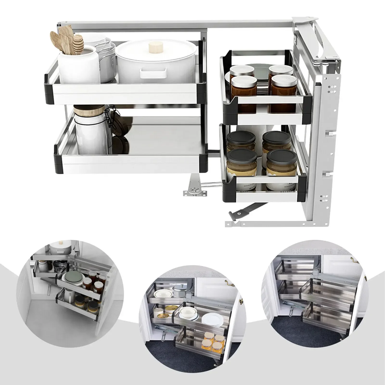 มุมตาบอดOrganizer Soft Closeดึงตู้ด้านใน + ด้านนอกตะกร้าเก็บสําหรับห้องครัวPantry Utensilsเครื่องครัว