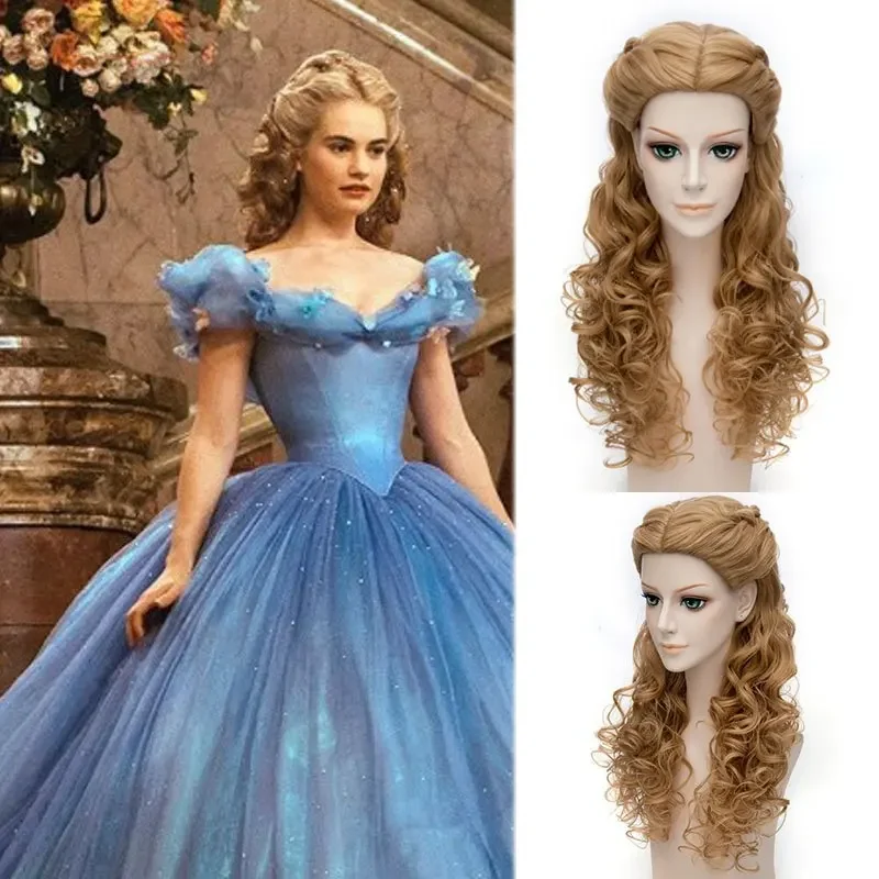 Anime 65cm Blonde Mix Wavy Long Central Part Styled Synthetic Hair Cosplay Full Wigs For Women Princess Cinderella Wig