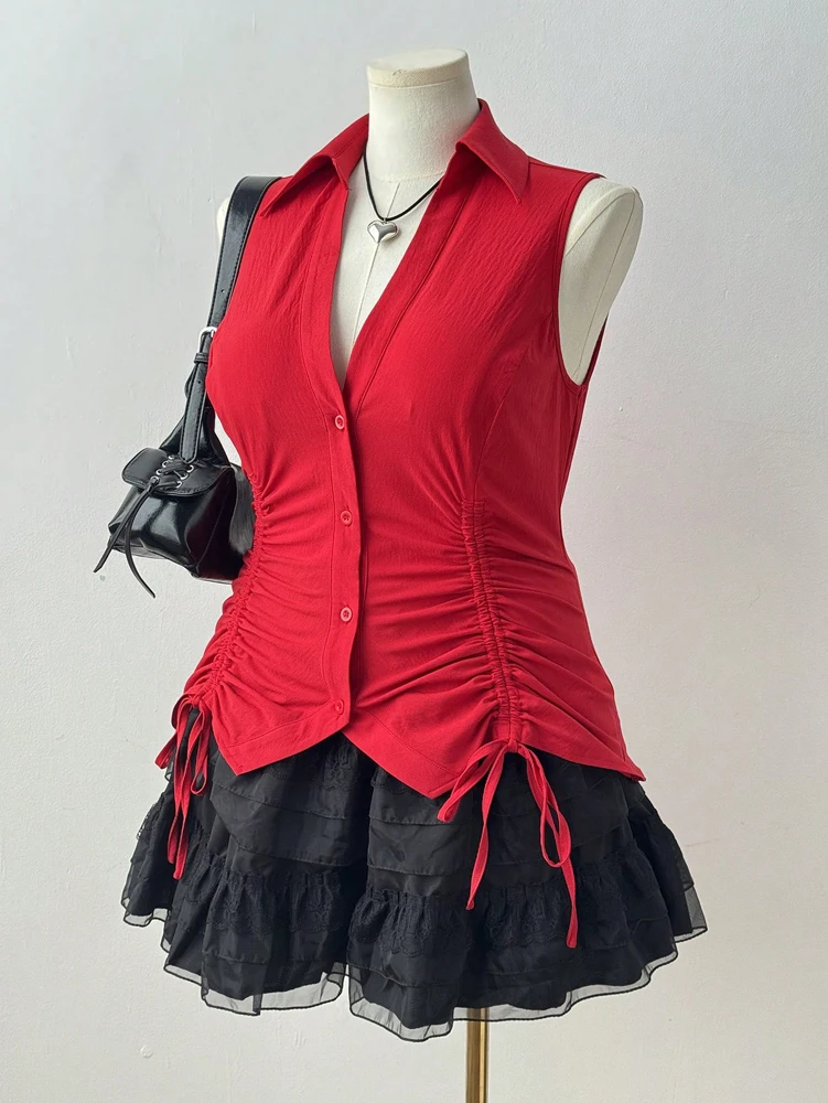 PLUS ขนาด 2025 ฤดูร้อนใหม่ผู้หญิงขนาดใหญ่เทศกาลดนตรี Tie Bow Slim Slim เสื้อแขนกุดวัสดุโพลีเอสเตอร์