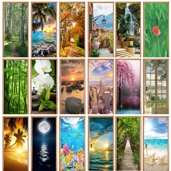 Natural Scenery Door Stickers Custom Wood Grain Wallpaper Self-adhesive PVC Beach Trees Flowers Street Buildings Door Stickers