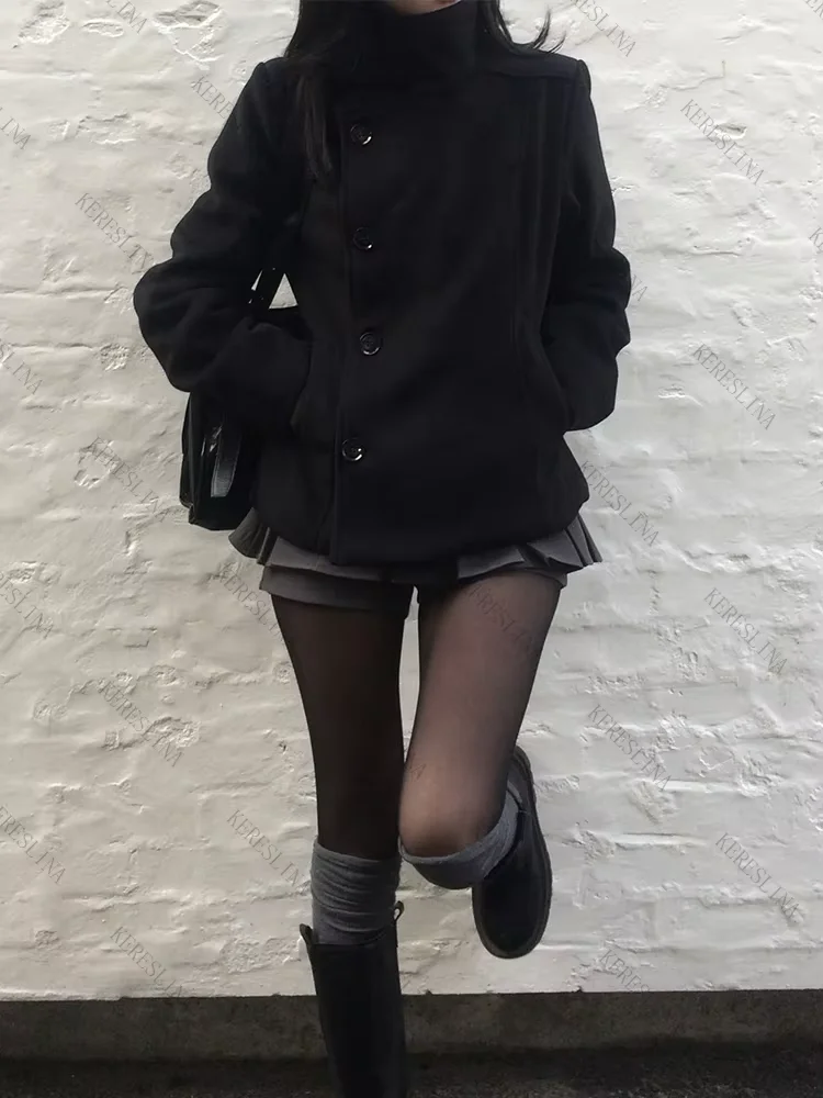 Women's Retro Slim Fit Thick Woolen Coat Korean Style High Neck Diagonal Button Design for Autumn Winter Fashion