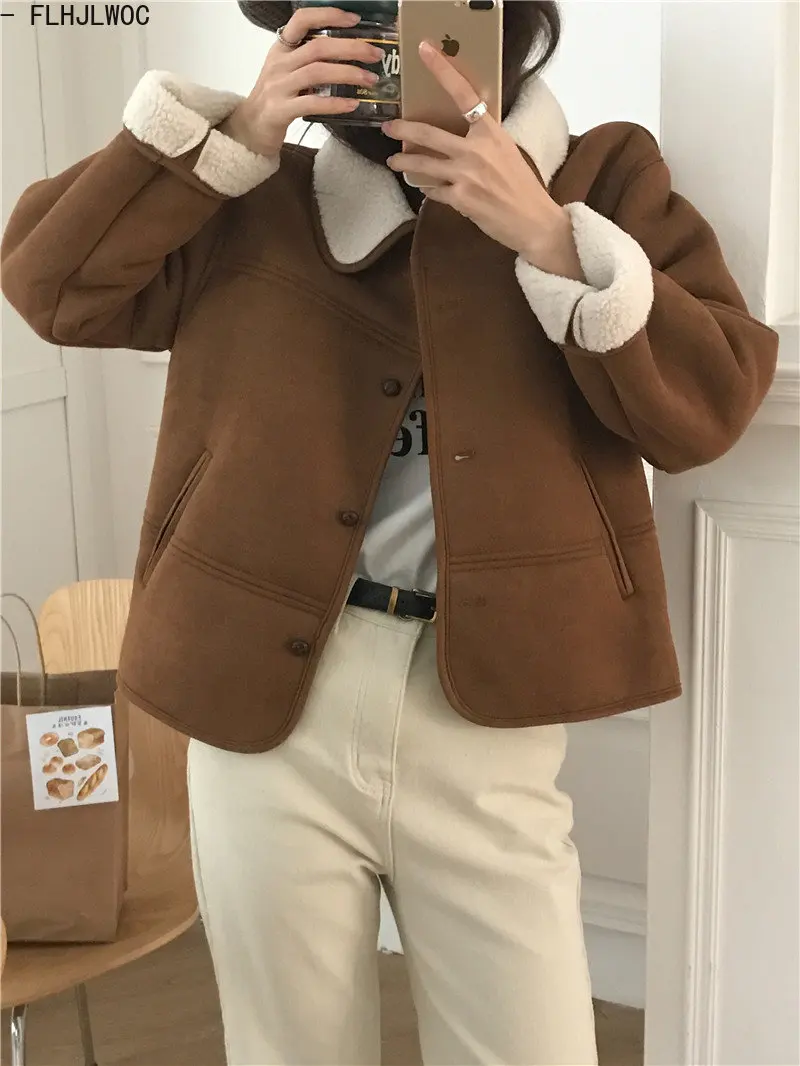 Winter Vintage Short Coats Outerwear Women Japan Preppy Style Girls Korea Single Breasted Button Warm Wool Velvet Thick Jackets