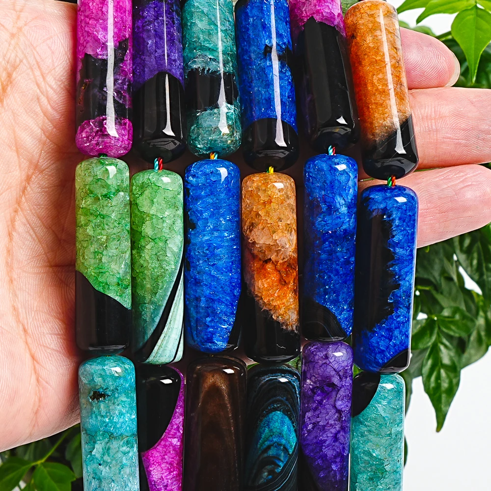 1 String Colorful Tube-Shaped Agate Beads 40x12mm Crystal Stone Spacer Beads for DIY Jewelry Making Crafting Bracelet Necklace