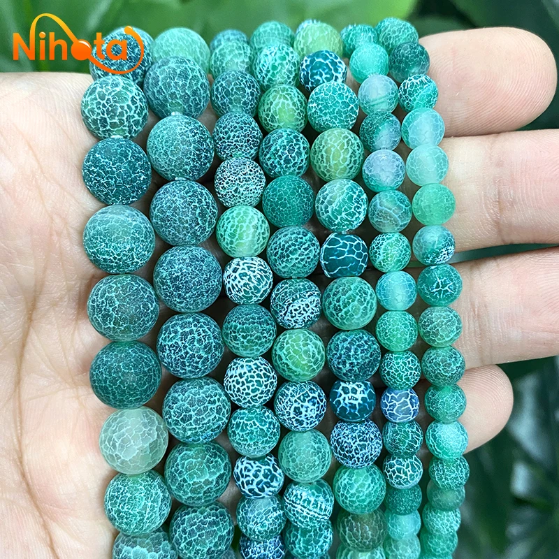 Natural Geada Caranguejo Verde Rachado Ágatas Rodada Beads Diy Pulseira Brincos Acessórios 15 \