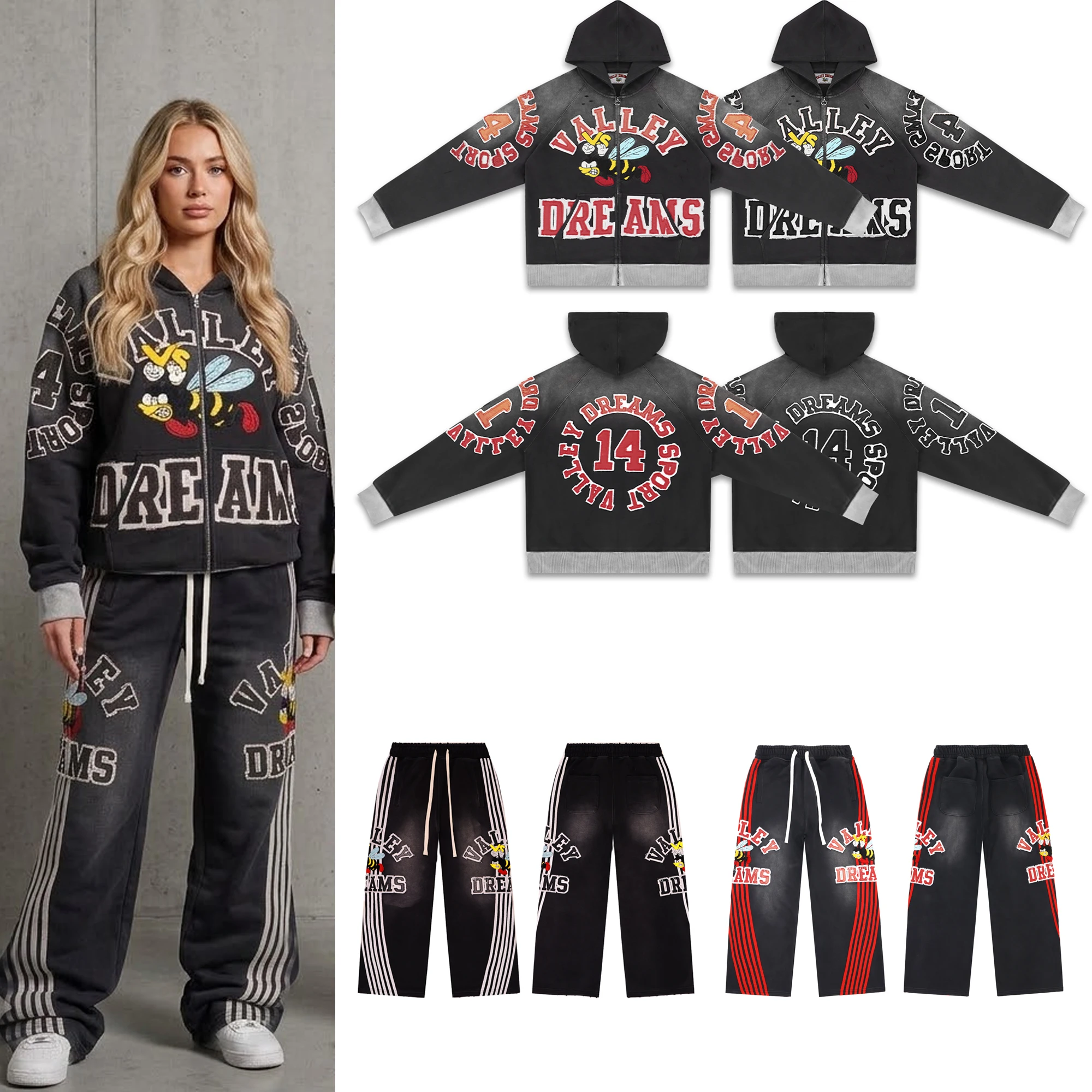 Valley Dreams Vintage Washed Honey Bee Print Hoodie Sweatshirt And Casual Pants Set Men's Autumn Wear Long Sleeve Fleece Fabric
