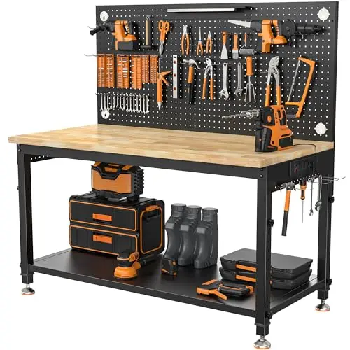 48x24 Inch Garage Work Bench with Storage, Pegboard & Power Strip