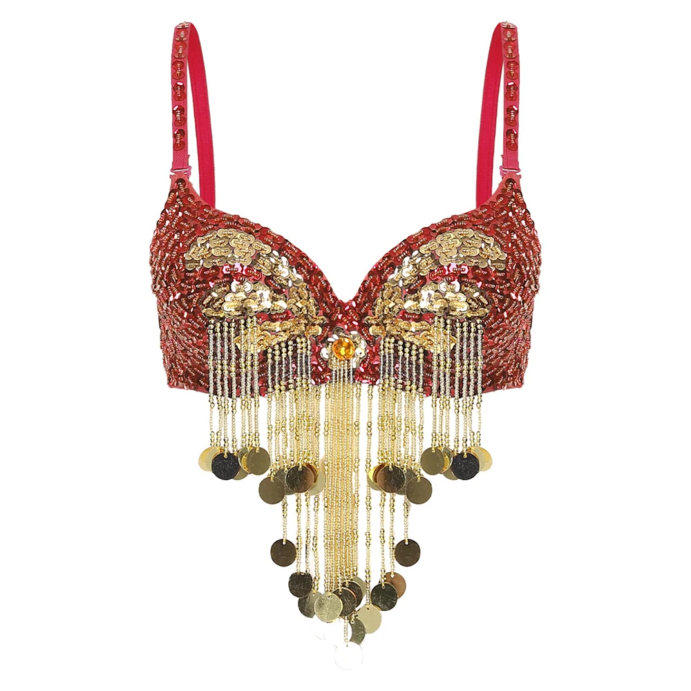 Top da donna con nappe glitterate con perline e paillettes per danza del ventre, festival musicali, club, costume da ballo, spalline regolabili, reggiseno lucido con ferretto