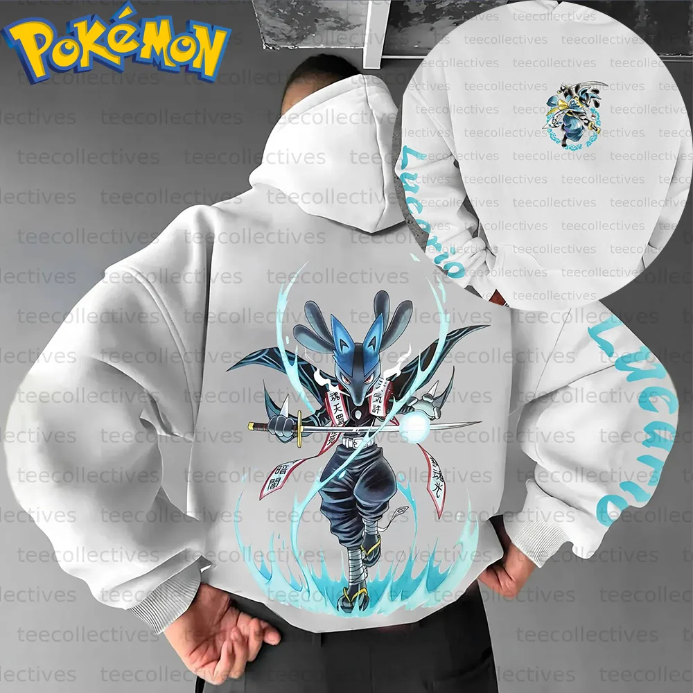 Bluza z kapturem Pokemon Anime Lucario, biała, z nadrukiem postaci i wzorem w pozycji walki z Niebieskim Ogniem, styl casual streetwear