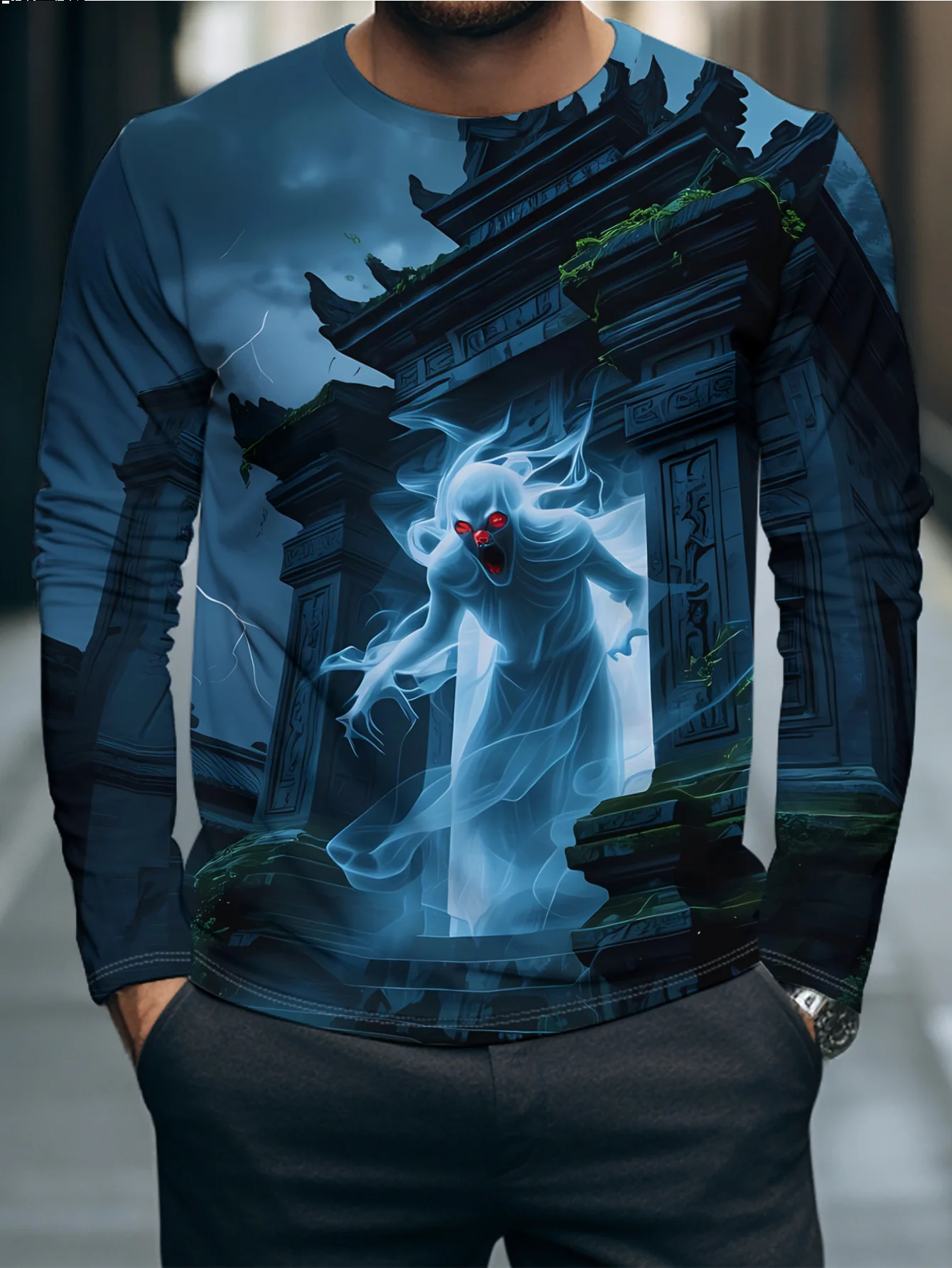Men Halloween Ancient Temple Ghost Graphic Long Sleeve T‑Shirt 3D Print Crew Neck Casual Pullover Streetwear Tops
