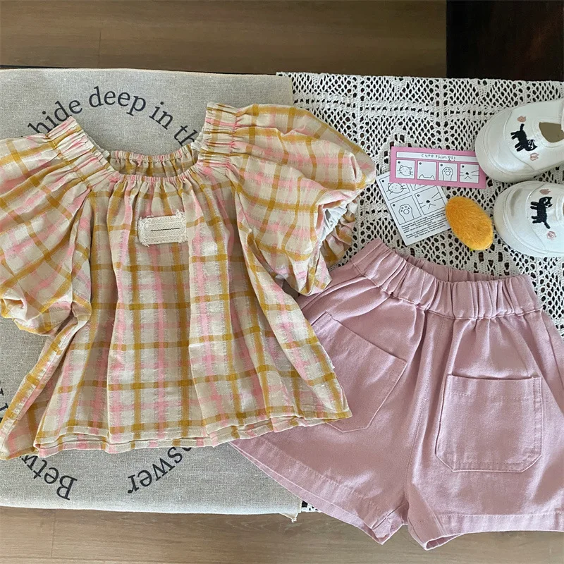 Girl Shirt Top Korean Style Children Wear 2024 New Summer Girl Square Collar Plaid Shirt Children Fashion Plaid Shirt Top