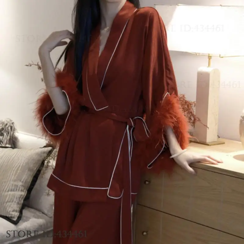 Spring New Women Pajamas Set Luxury Feather Cuffs Bride Wedding Loungewear Pijamas Suit Sexy Burgundy Ice Silk Homewear Pyjama