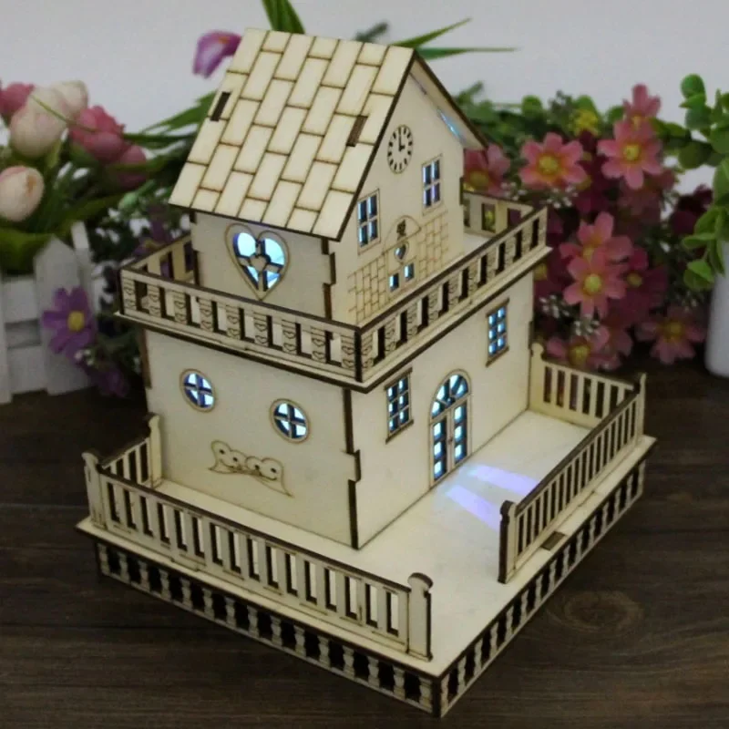 Creative Wooden Flashing House Toys Luminous Villa Model  Birthday Gift for Kids Children Housing Decoration Ornaments