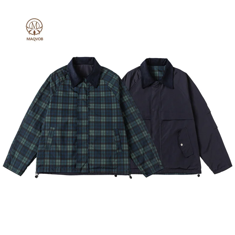 

MAQVOB Top Quality EU US Size Luxury Street Wear Outdoor Retro Plaid Jacket Men Women Loose Fit Safari Reversible Jacket